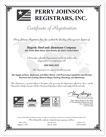 Hagerty Steel & Aluminum Company ISO 9001:2015 Certificate