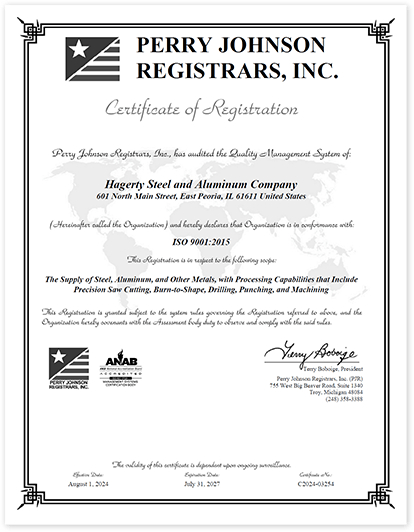 Hagerty Steel & Aluminum Company ISO 9001:2015 Certificate